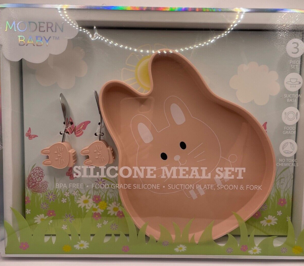 BPA Free -Modern Baby 3 Piece Silicone Easter Bunny Meal Set New